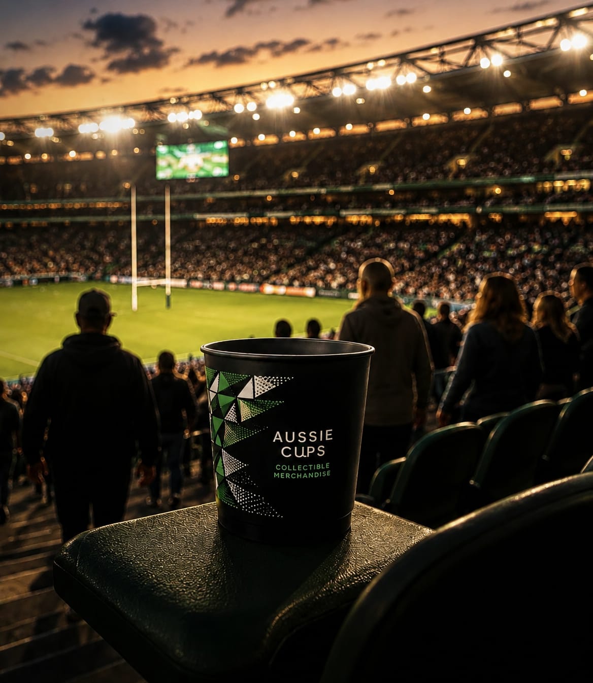 A collectible cup overlooking a major live sporting event